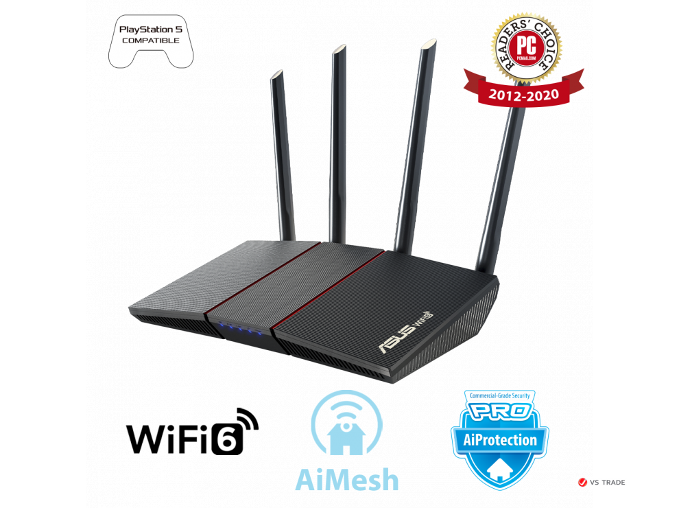 Двухдиапазонный маршрутизатор ASUS RT-AX55, Wi-Fi 802.11ax (AX1800), MU-MIMO, OFDMA, AiProtection Classic, AiMesh