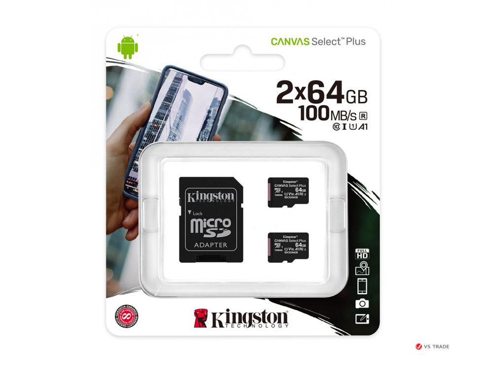 Карта памяти Kingston 64GB micro SDHC Canvas Select Plus 100R A1 C10 Two Pack + Single ADP, SDCS2/64GB-2P1A