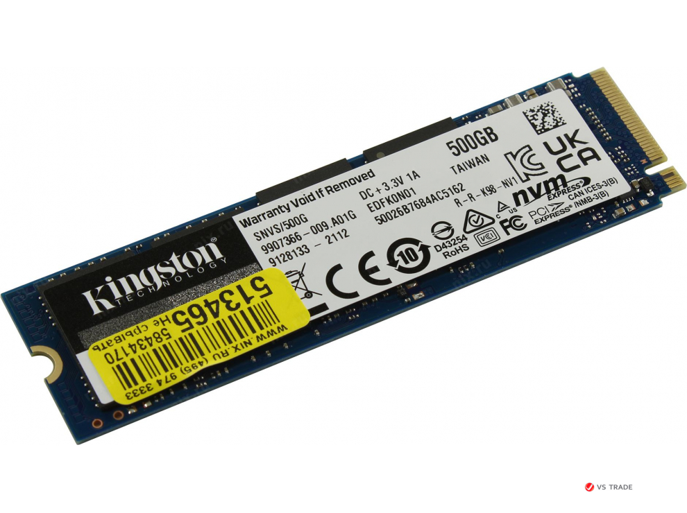 SSD-накопитель Kingston SNVS/500G, 500Gb, M2, 2280, NVMe, 21001700 readwrite, SNVS/500G