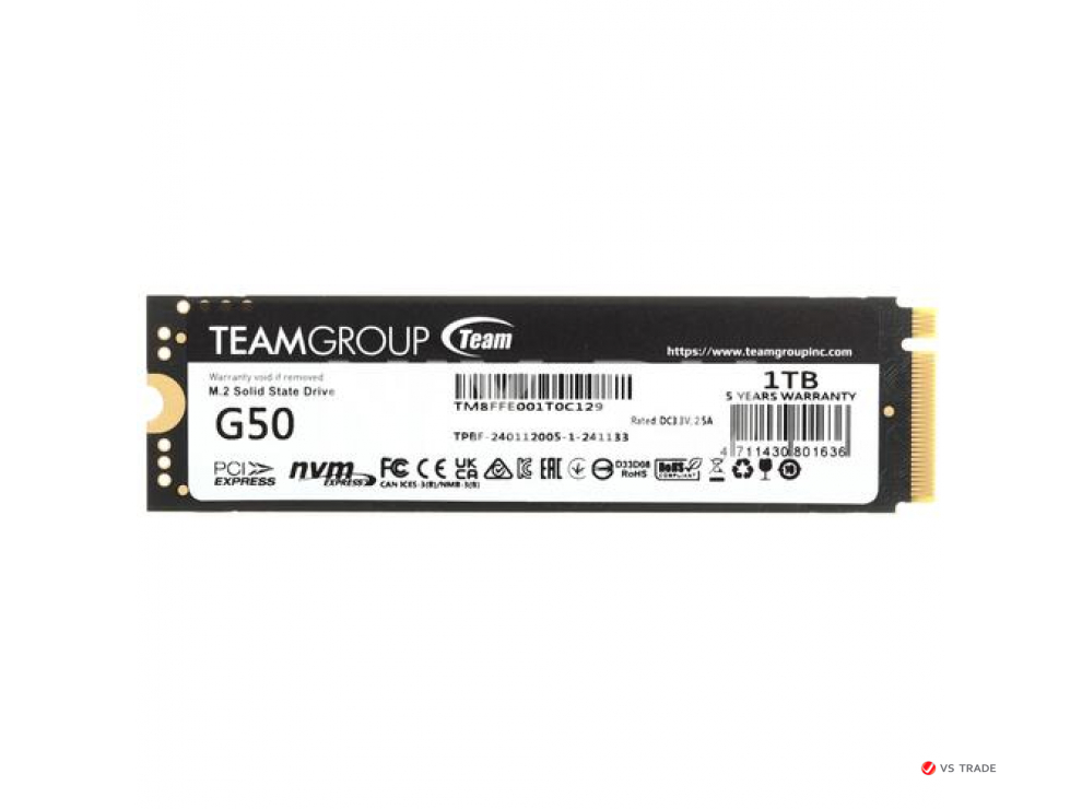 Твердотельный накопитель TeamGroup G50, 1Tb, M2, PCIe 4.0 x4, NVMe 1.4, 5000/4800Mb/s,TM8FFE001T0C129