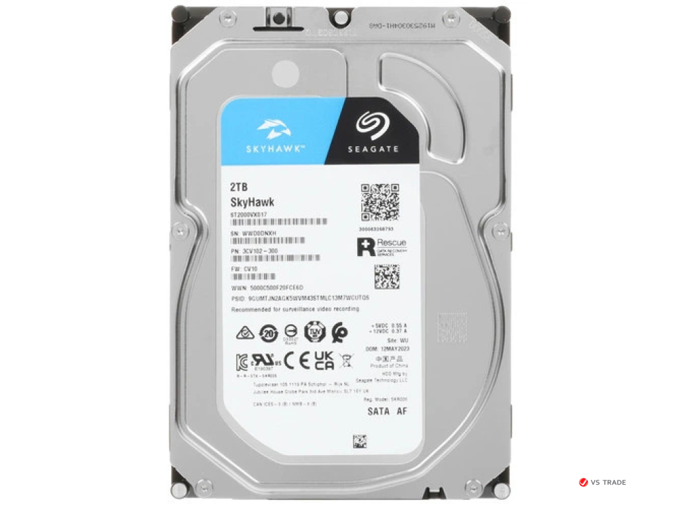 Жесткий диск Seagate SkyHawk ST2000VX017 HDD 2Tb, SATA 6Gb/s, 3.5", 256MB, 5400 RPM (1год)