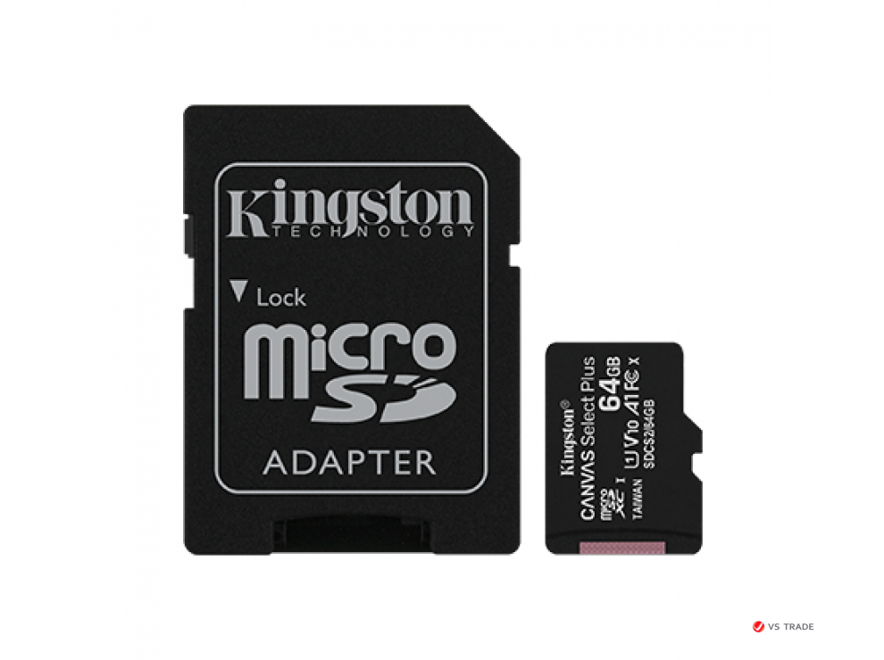 Карта памяти Kingston 64GB microSDXC Canvas Select Plus 100R A1 C10 Card + Adapter, SDCS2/64GB