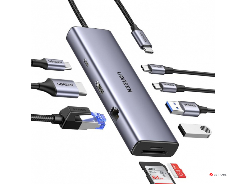 Разветвитель портов Ugreen CM498 3 x USB-A,Type-C, HDMI, VGA,SD, microSD, LAN 15600