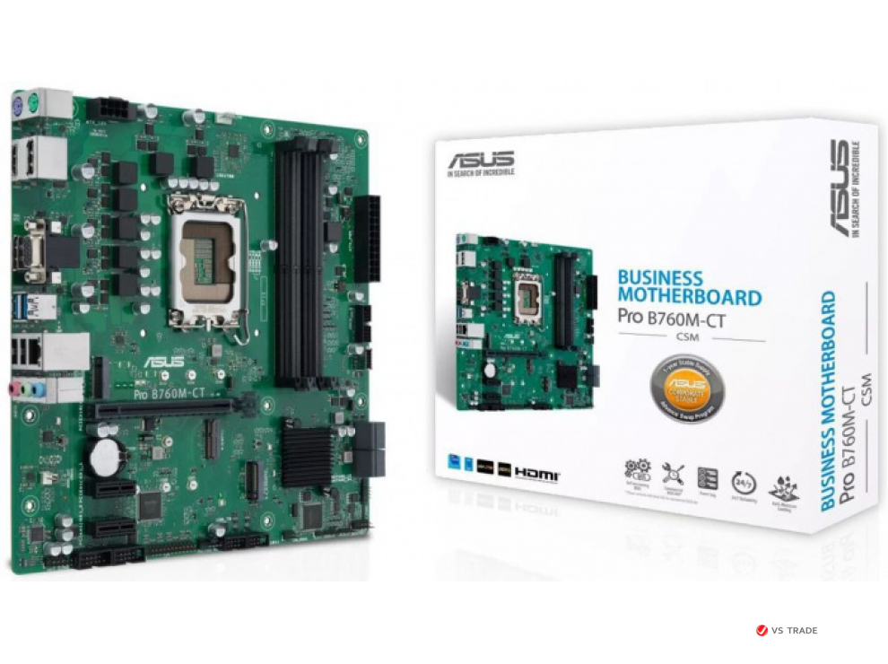Сист. плата ASUS Pro B760M-CT-CSM,  B760, 1700, 4xDDR5, PCI-Ex16, PCI-Ex1, 2xM.2, 4xSATA, 2xDP, HDMI, D-Sub, BOX