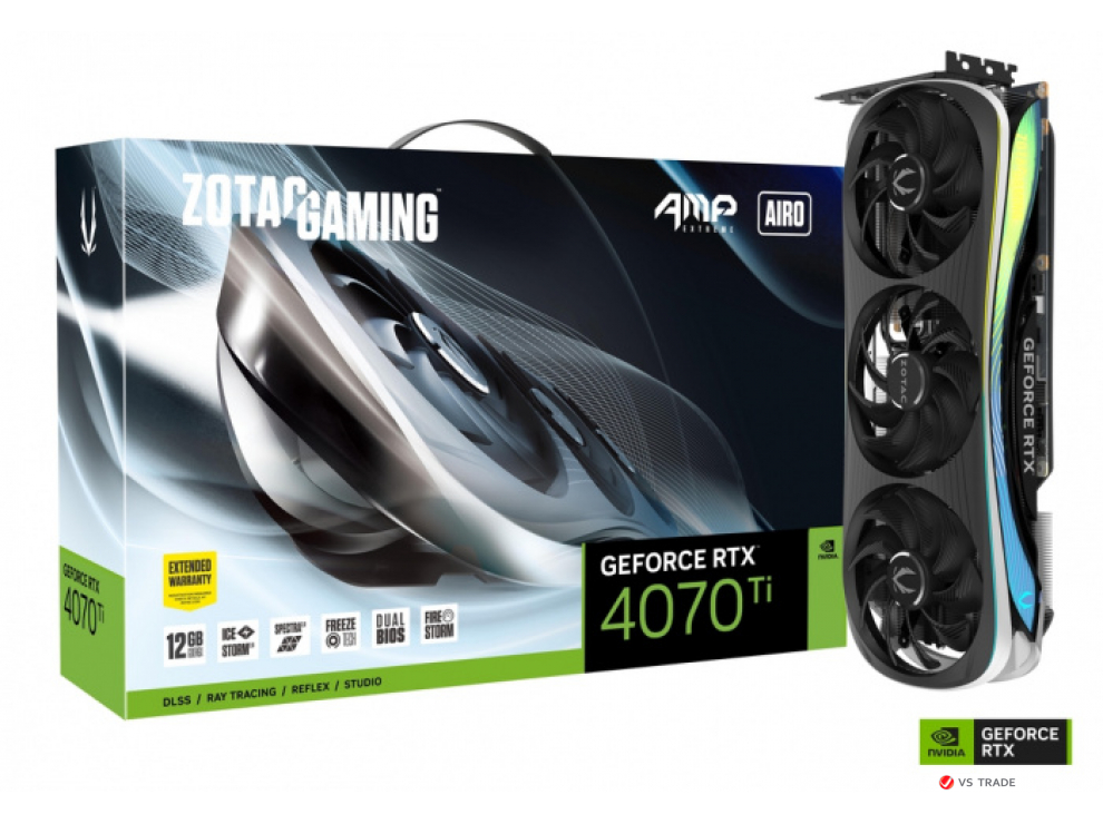 Видеокарта ZOTAC GAMING GeForce RTX 4070 Ti AMP Extreme AIRO, 12Gb GDDR6X, 192Bit, HDMI, 3x DP, ZT-D40710B-10P, BOX