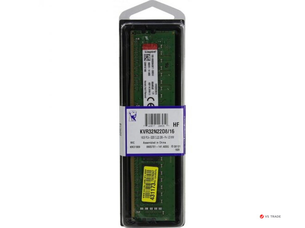 ОЗУ Kingston ValueRAM 16 ГБ DIMM DDR4, 3200 МГц, CL22, 1.2В, KVR32N22D8/16