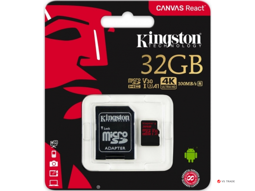 Карта памяти Kingston 32GB microSDHC Canvas React 100R/70W U3 UHS-I V30 A1 Card + SD Adapter