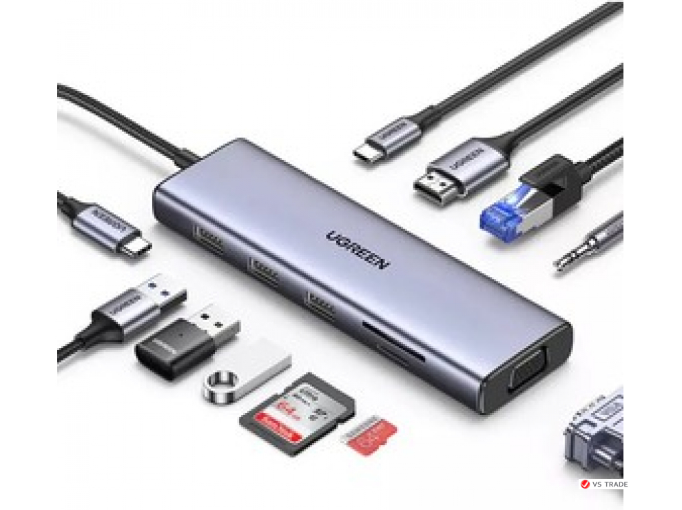 Конвертер Ugreen CM498 USB-C в 3 * USB 3.0 A/HDMI/VGA/RJ45/SD/TF/AUX3.5mm/PD/15601