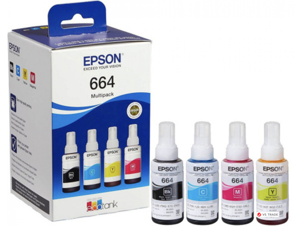 Экономичный набор из четырех контейнеров с чернилами, серия 664 Epson C13T66464A 664 EcoTank/ЖЕЛТАЯ НАКЛЕЙКА