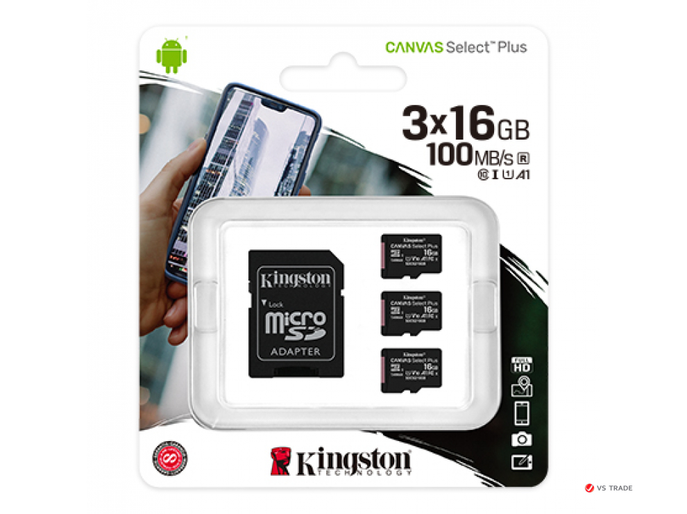 Карта памяти Kingston 16GB micro SDHC Canvas Select Plus 100R A1 C10 Three Pack + Single ADP, SDCS2/16GB-3P1A