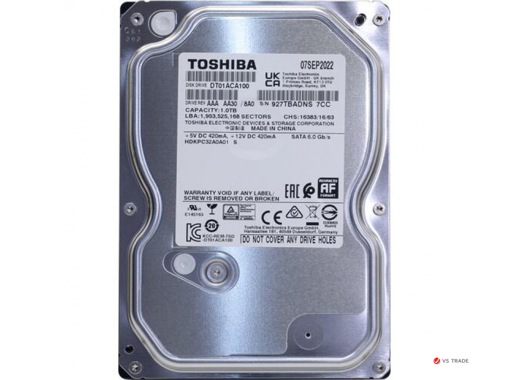 Жесткий диск Toshiba 1Tb, HDD, 3.5", 7200rpm, 32MB, SATA III 6Gb/s, DT01ACA100
