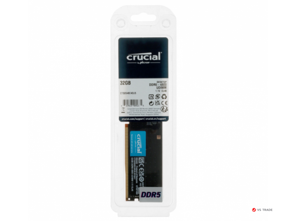 Модуль оперативной памяти Crucial DIMM DDR5, 32Gb, 4800Mts, CL40, 1.1v, CT32G48C40U5