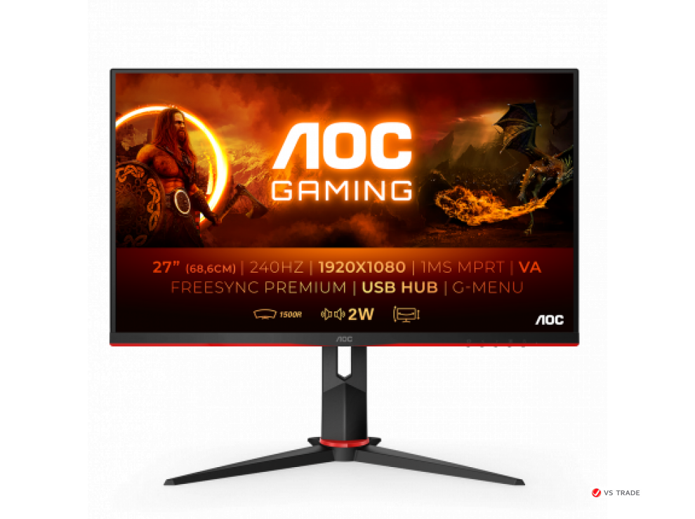 Монитор AOC C27G2ZU VA,27",1500R,16:9 FHD(1920x1080x240 Hz),300cd/m2,3000:1,80M:1,178/178,1ms,DP,2xHDMI,Hadj,Black