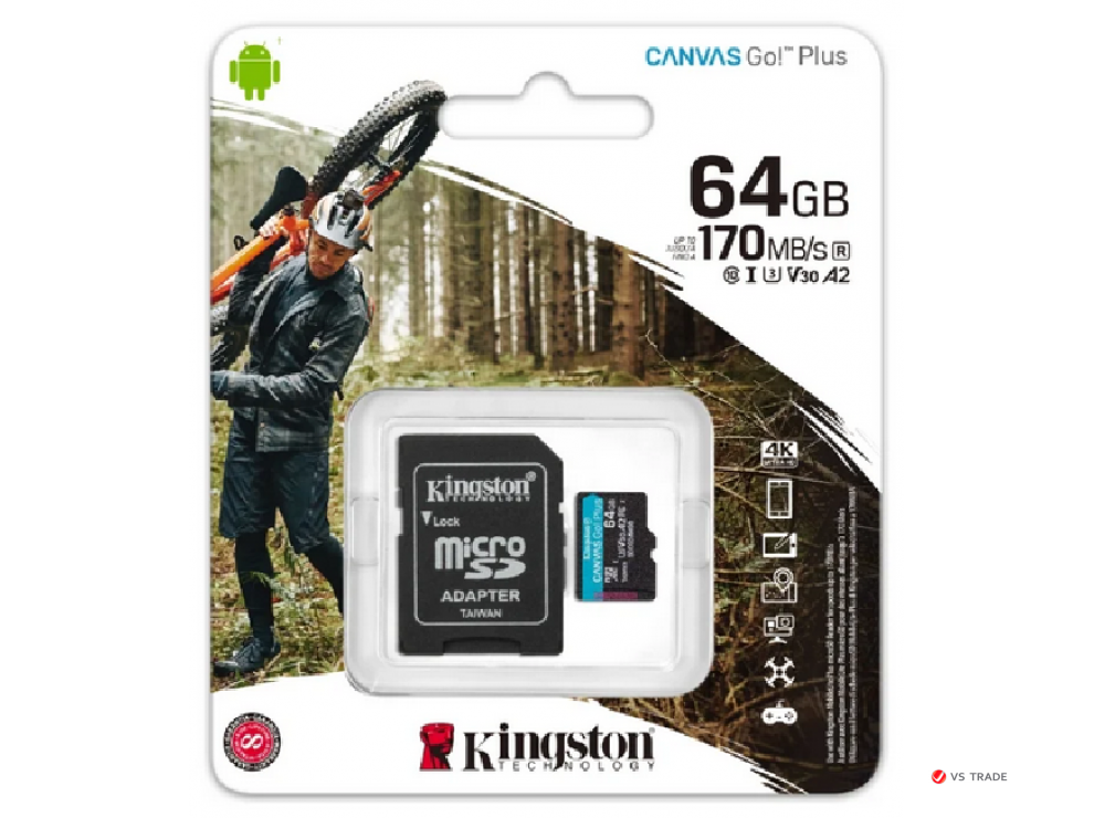 Карта памяти Kingston 64GB microSDXC Canvas Go Plus 170R A2 U3 V30 Card,с адаптером, SDCG3/64GB