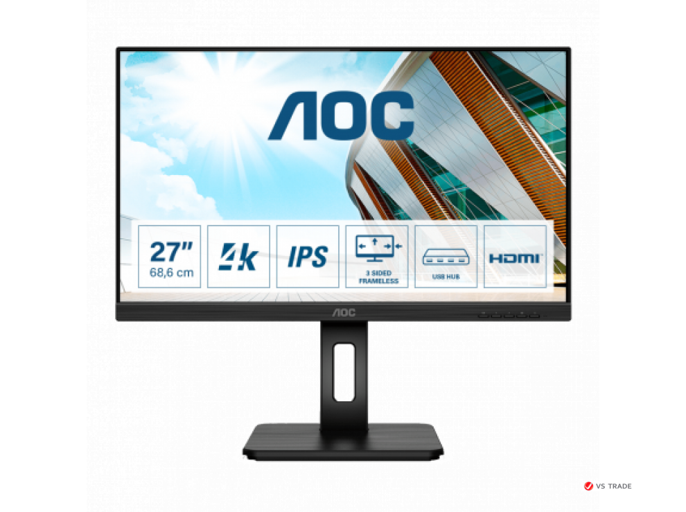 Монитор AOC U27P2CA IPS,27",16:9 UHD(3840x2160x60 Hz),350cd/m2,1000:1,50M:1,178/178,4ms,Sp2W,DP,2xHDMI,USB-C,Black