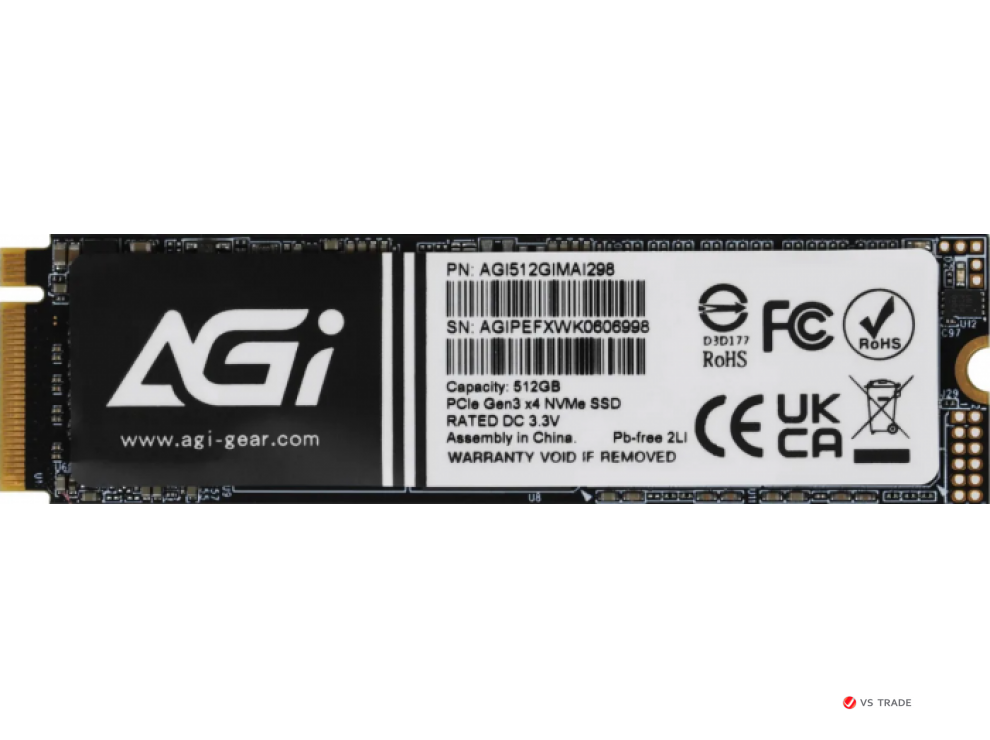 Твердотельный накопитель AGI AI298, 512Gb, 2300Mb/1450Mb, M2 PCIe Gen 3 NVMe, PCIe AGI512GIMAI298-CB