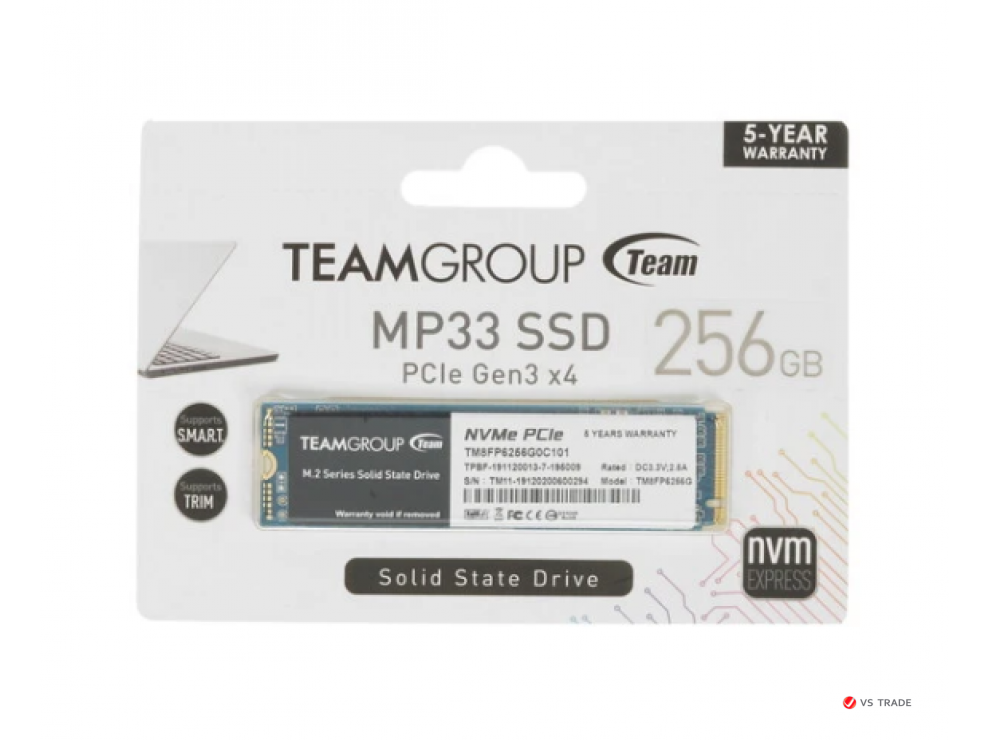 SSD-накопитель Team Group MP33 256Gb, M.2, NVMe 1.3, 1600/1000 MB/s, TM8FP6256G0C101