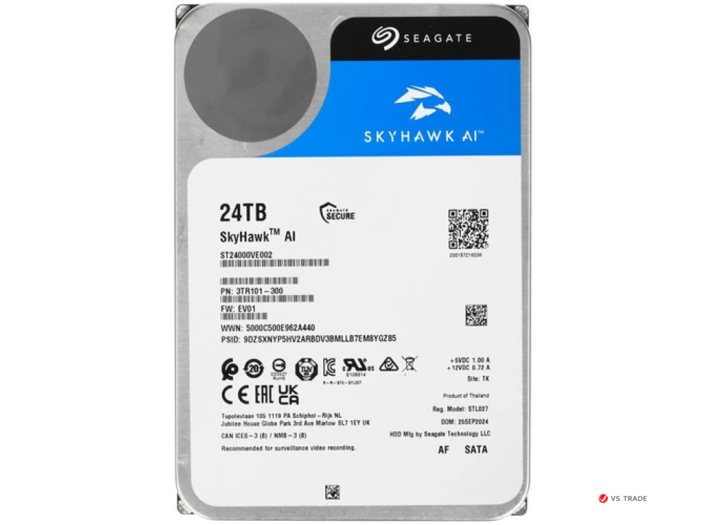 Жесткий диск Seagate SkyHawk AI ST24000VE002, HDD 24Tb, SATA 6Gb/s, 3.5", 512MB, 7200 RPM