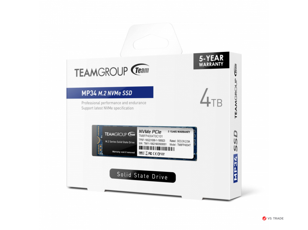 Твердотельный накопитель Team Group MP34, 4Tb, 2280, PCI-E 3.x x4, чтение - 3500 Мбайт/сек, запись - 2900 Мбайт/сек, 3 б