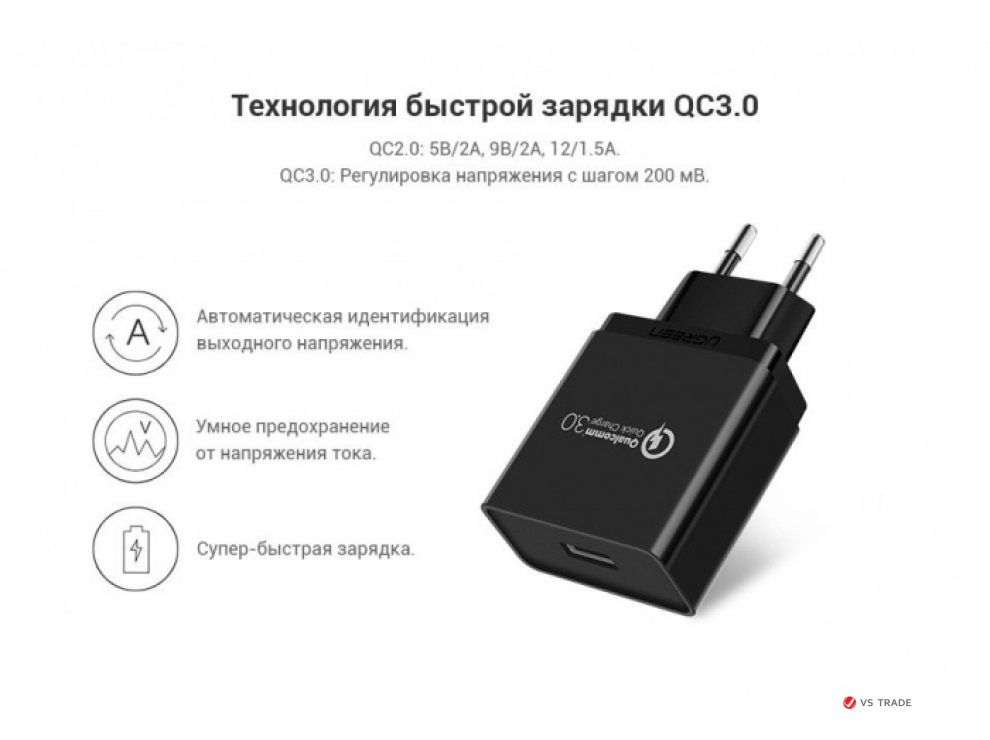 Зарядное устройство UGREEN CD122 QC3.0 USB Fast Charger EU (Black), 70273