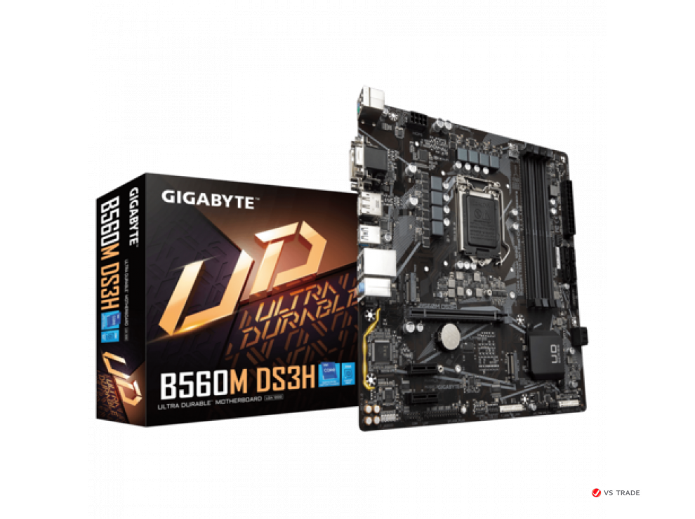 Сист. плата Gigabyte B560M DS3H, B560, 1200, 4xDIMM DDR4, PCI-E x16, 2xPCI-Ex1, M.2, 6xSATA, DVI, D-Sub, DP, HDMI, BOX