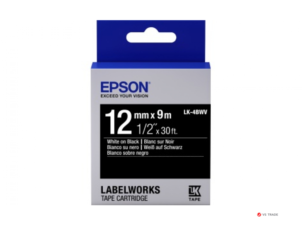 Лента Epson LK4BWV Vivid White/Black 12/9, 12mm, 9m, C53S654009