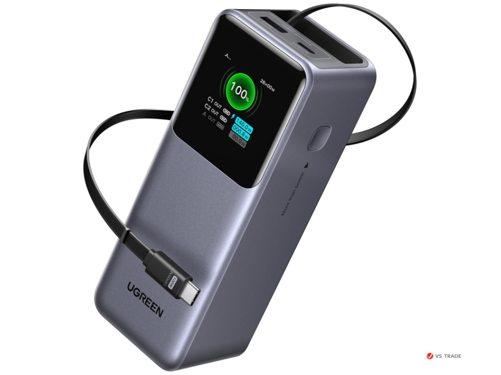 Пауэрбанк UGREEN PB726 55987B 20000mAh 165W 2C1A Power Bank with Retractable Cable