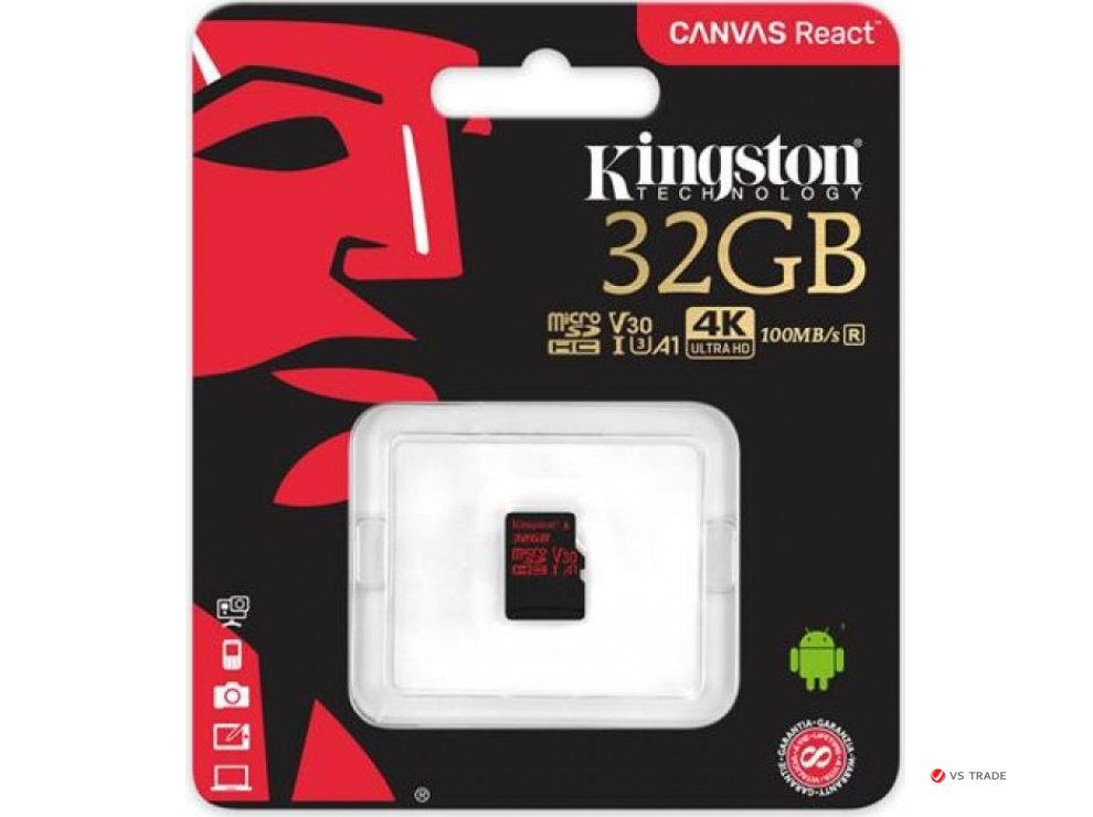 Карта памяти Kingston 32GB microSDHC Canvas React 100R/70W U3 UHS-I V30 A1 No Adapter