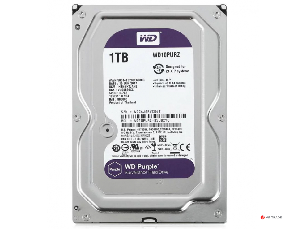 Жесткий диск WD WD10PURZ PURPLE, 1Tb, 3.5, 110/110 Мб/с, 64 Мб, 5400 rpm, SATA 6Gbit/s, 600 Мб/с