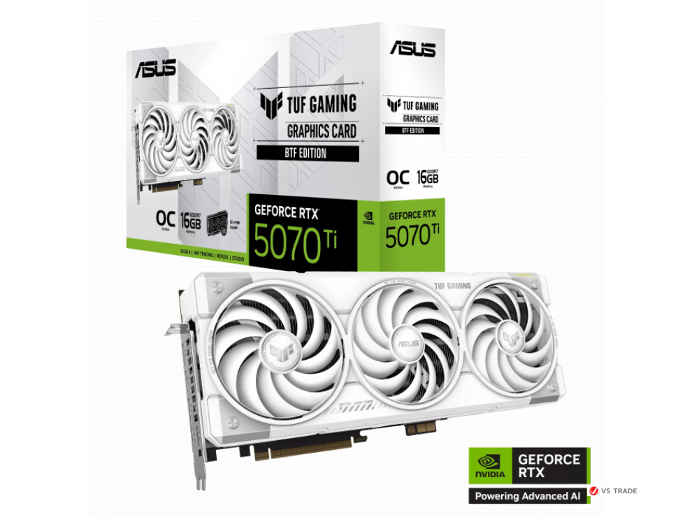 Видеокарта ASUS TUF-RTX5070TI-O16G-BTF-WHITE, 16Gb GDDR7, 256 Bit, 8960 CUDA, HDMI, DP, WHITE, BOX