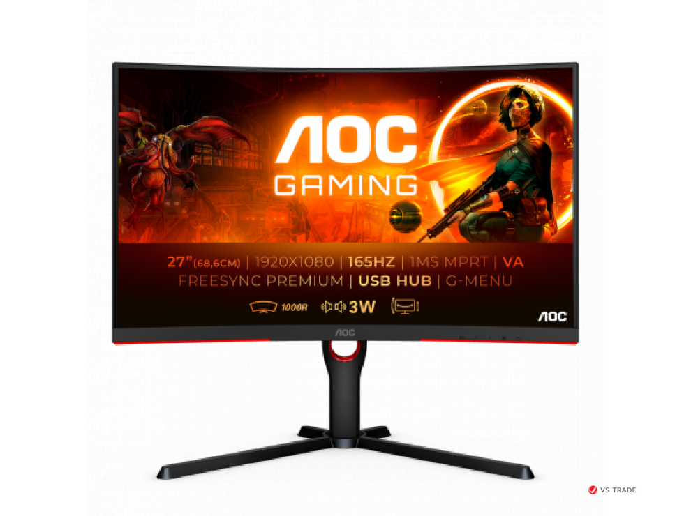 Монитор AOC C27G3U VA,27",1000R,16:9 FHD(1920x1080x165 Hz),250cd/m2,3000:1,80M:1,178/178,4ms,DP,2xHDMI,Black