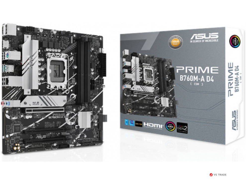 Сист. плата ASUS PRIME B760M-A D4-CSM, B760, 1700, 4xDDR4, 3xPCI-Ex16, 2xM.2, 4xSATA, DP, 2xHDMI, 2.5Gb Ethernet, BOX