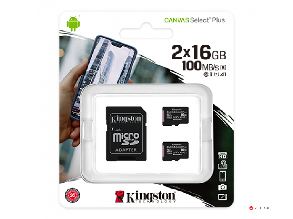 Карта памяти Kingston 16GB micro SDHC Canvas Select Plus 100R A1 C10 Two Pack + Single ADP, SDCS2/16GB-2P1A