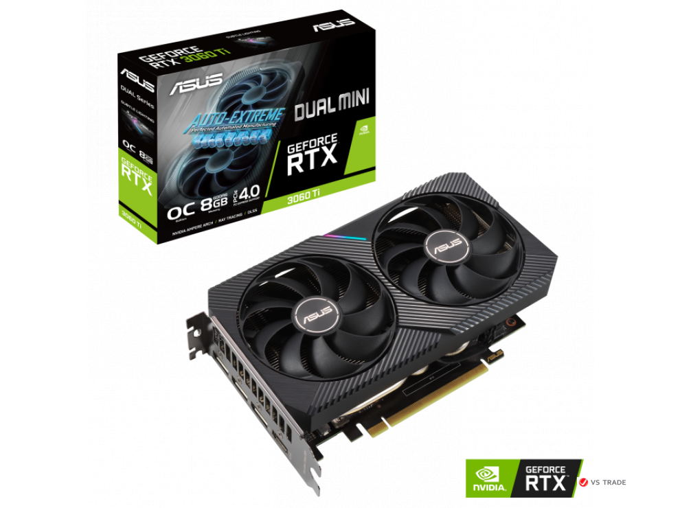 Видеокарта ASUS DUAL-RTX3060TI-O8G-MINI-V2, 8Gb/256bit GDDR6, HDMI 2.1, 3xDP 1.4a, HDCP, BOX