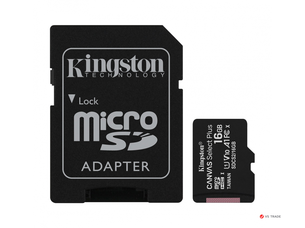 Карта памяти Kingston 16GB microSDHC Canvas Select Plus 100R A1 C10 Card + Adapter, SDCS2/16GB