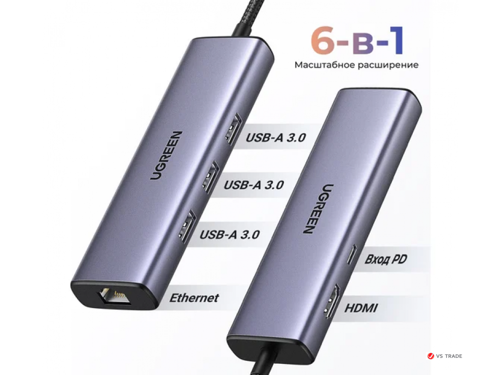 Конвертер Ugreen CM512 USB-C To 3*USB 3.0 A+HDMI+RJ45+PD 15598