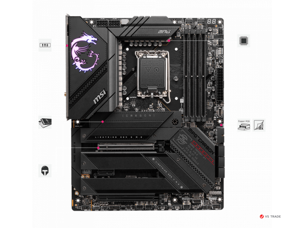 Сист. плата MSI MPG Z790 CARBON WIFI, Z790, 1700, 4xDDR5, 2xPCI-Ex16, PCI-Ex1, 5xM.2, 6xSATA, HDMI, Type-C, WIFI6E, BOX