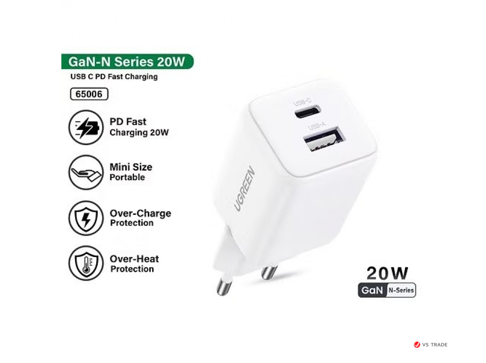 Зарядное устройство UGREEN X514  20W 1C1A GaN Fast Charger 65006