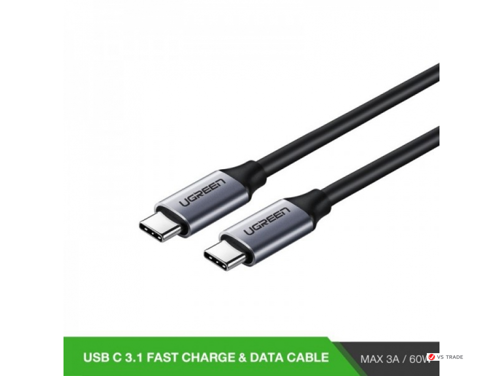 Кабель UGREEN US161 USB 3.1 Type C Male to Type C Male Cable Nickel Plating Aluminum Shell 1.5m (Gray)