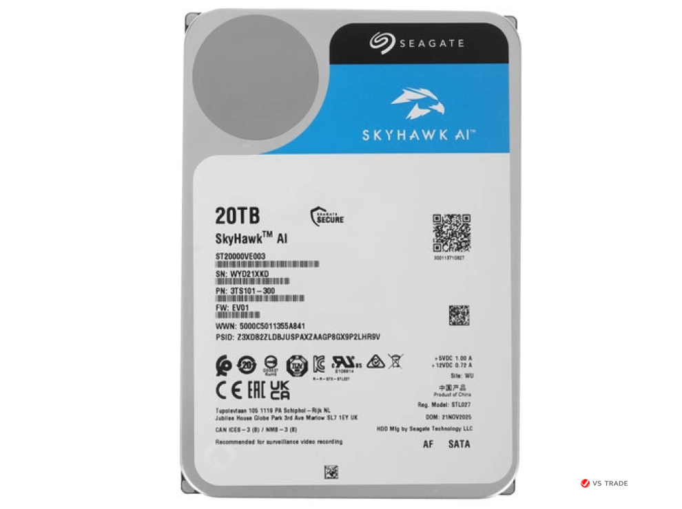 Жесткий диск Seagate SkyHawk AI ST20000VE003, HDD 20Tb, SATA 6Gb/s, 3.5", 512MB, 7200 RPM