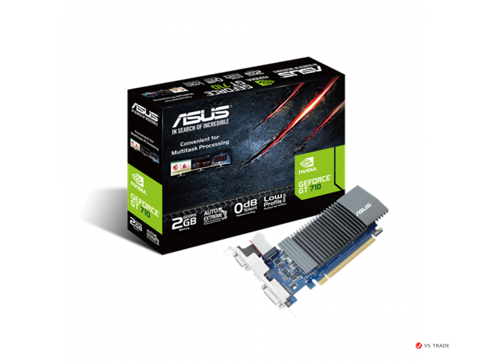 Видеокарта ASUS GT 710, GT710-SL-2GD5 BRK, Silent, 2Gb/64bit, GDDR5, DVI-D, HDMI 2.0, D-SUB, BOX