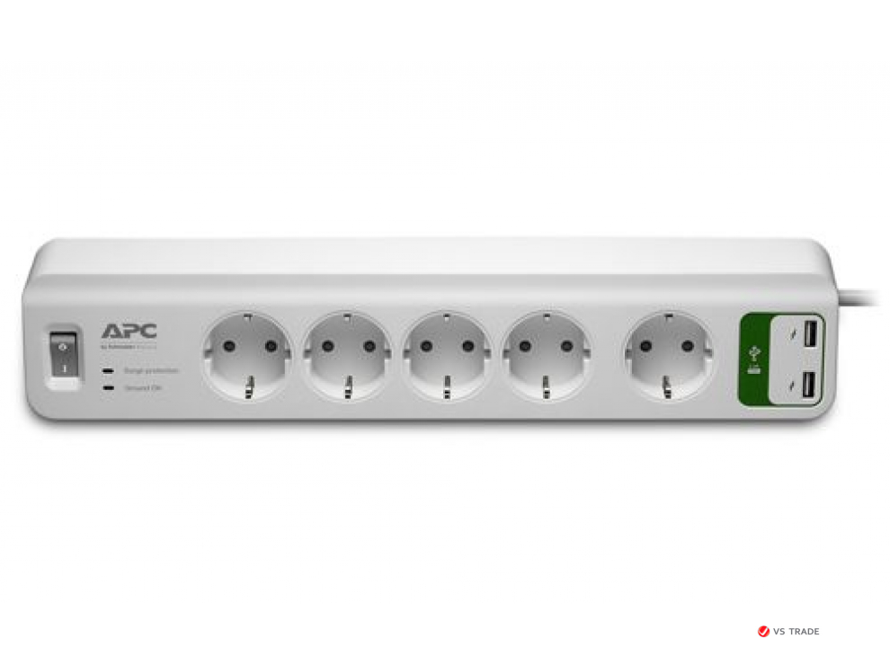 Сетевой фильтр APC PM5U-RS Essential SurgeArrest, 5 розеток, USB-зарядное устройство 2 порта, 5 В, 2,4 А, 230 В, белый