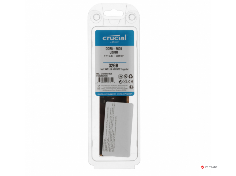 Модуль оперативной памяти Crucial DIMM DDR5, 32Gb, 5600Mts, CL46, 1.1v, CT32G56C46U5