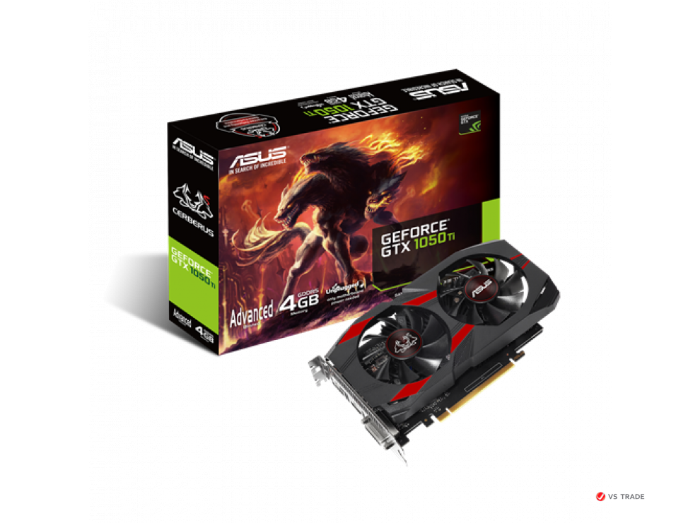 Видеокарта ASUS CERBERUS GTX 1050 Ti, CERBERUS-GTX1050TI-A4G, Dual fan, 4Gb/128bit GDDR5, DVI-D, HDMI, DP, BOX