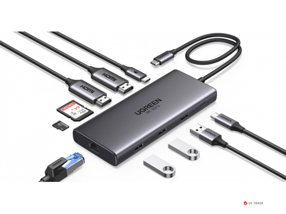 Конвертер Ugreen CM639 USB-C to 1*USB3.0+2*USB2.0+USB-C3.0+2*HDMI+RJ45 Gigabit+SDamp;TF +PD port 15534