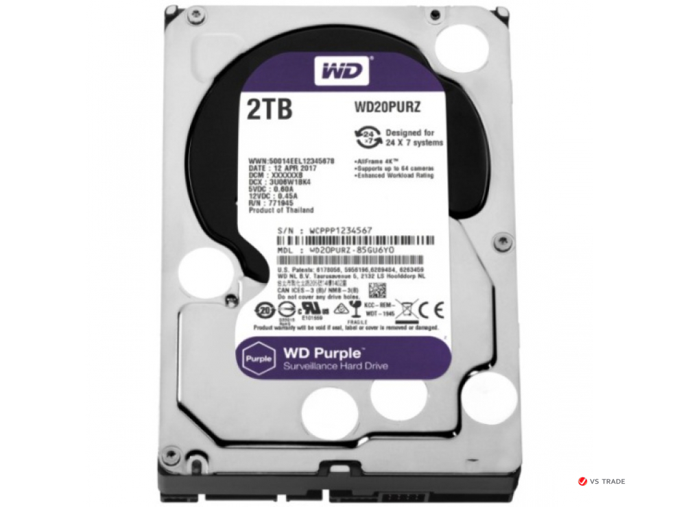 Жесткий диск Western Digital Purple, 2 ТБ, 3.5", SATA III, 5400 rpm, 256Mb, WD22PURZ