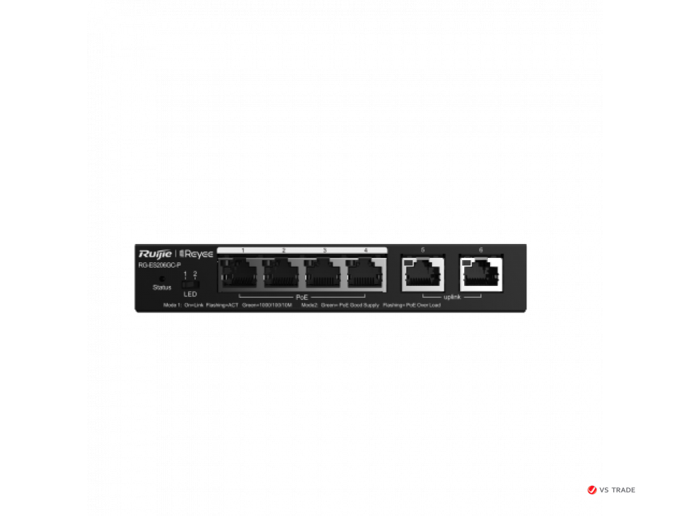 Коммутатор Reyee RG-ES206GC-P L2 PoE+(6x10/100/1000Base-T, 4xPoE+ ports, 54W PoE power budget, Desktop Case, Fanless)