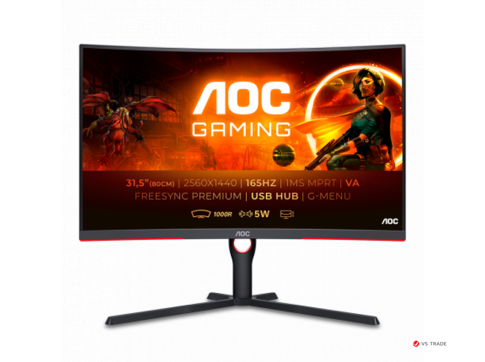 Монитор AOC CQ32G3SU VA,31,5",1000R,16:9 FHD(2560x1440x165 Hz),300cd/m2,3000:1,80M:1,178/178,4ms,DP,2xHDMI,Black