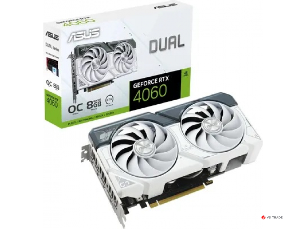 Видеокарта ASUS Dual GeForce RTX 4060 OC, 8 ГБ GDDR6/128-бит, 3072 ядра CUDA, PCI E 4.0, HDMI, DisplayPort, WHITE, BOX