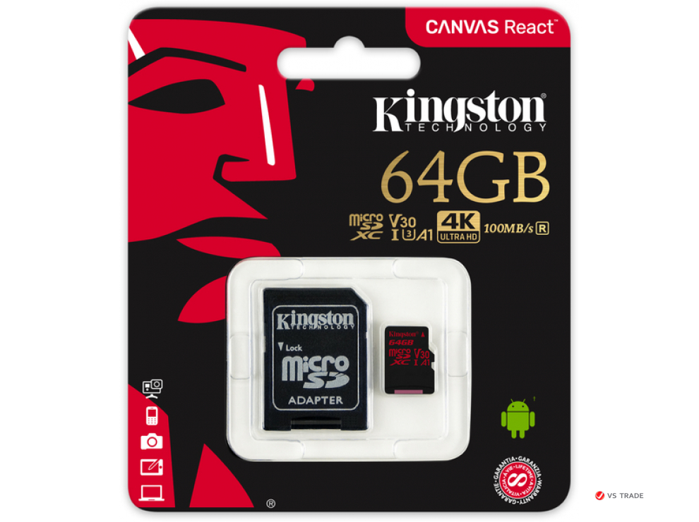 Карта памяти Kingston 64GB microSDXC Canvas React 100R/80W U3 UHS-I V30 A1 Card + SD Adapter